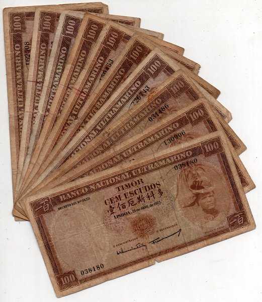 Lot 10 lembar Uang Kuno Timor 100 Escudos tahun 1963 Bekas Sesuai Gambar