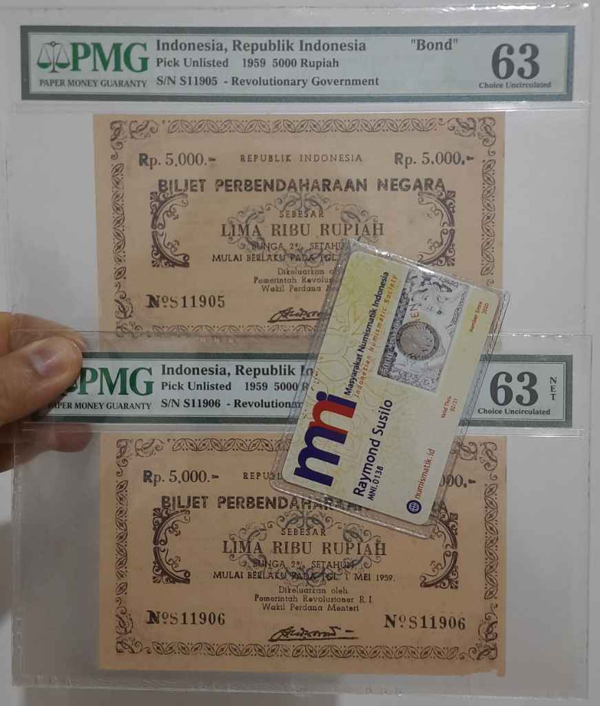 2 Pcs Urut PMG63 Bond PRRI 5000 Rupiah 1959