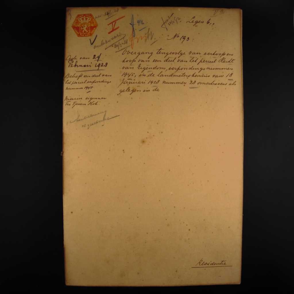 Koleksi Dokumen Akta Jual Beli Tanah Pemerintahan Hindia Belanda Kampung Kupang Pawiro Wilayah Surabaya Tanggal 24 Februari 1928 No 193