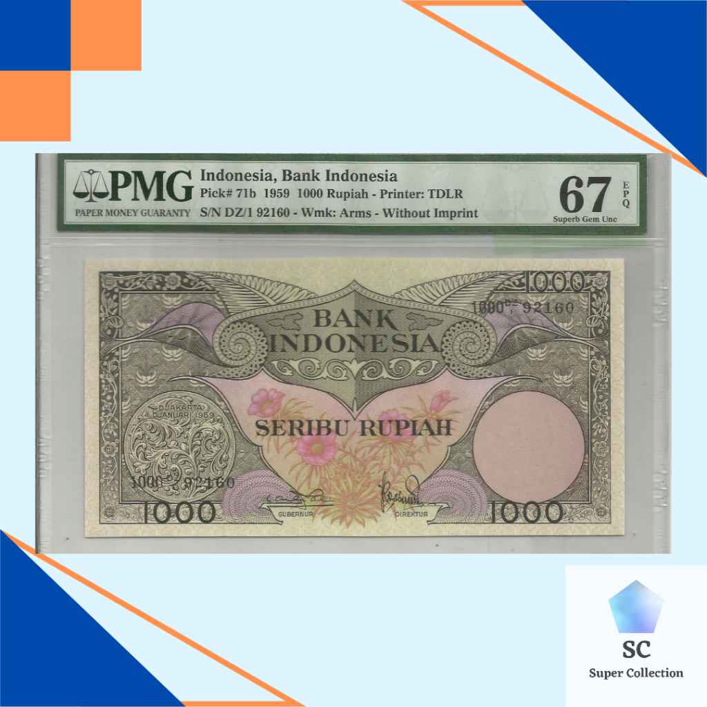 Uang Kuno Indonesia 1000 Rupiah Bunga PMG 67