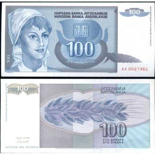 BL 1195 Yugoslavia 100 Dinara Tahun 1992 UNC Mulus Per 1 Lembar