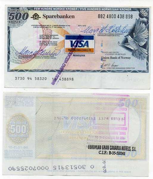 BL 2938 Per 1 Lembar Traveler Chaque Norwegia 500 Kroner Bekas