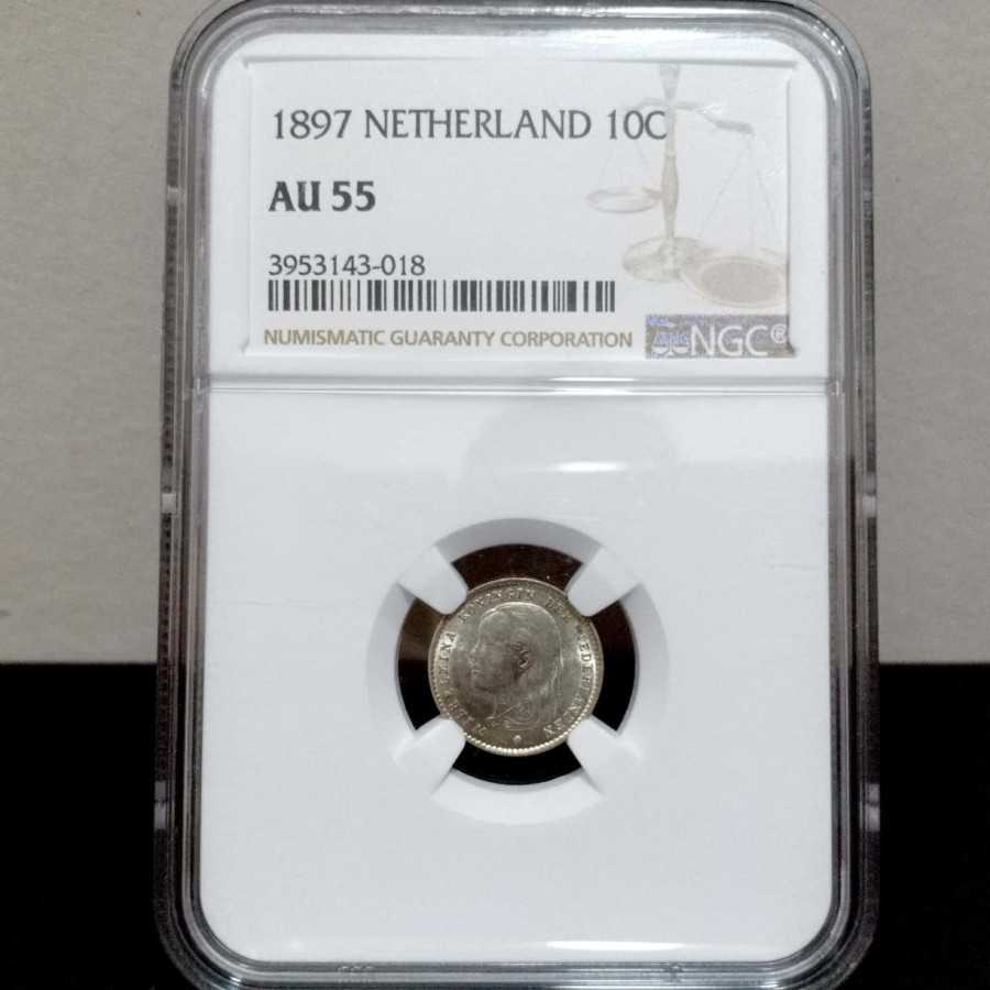 Koin Kuno 10 Cent Wilhelmina 1 Gulden 1897 NGC AU 55 Lustre