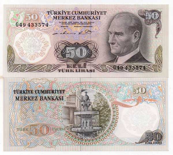 BL 1960 Turkey Turki 50 Lira Tahun 1970 UNC Mulus Per 1 lembar