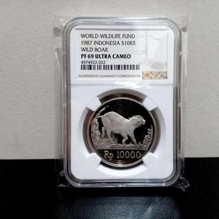 KOIN PROOF BABI RUSA 10000 RUPIAH 1987 UNC NGC 69 ULTRA CAMEO
