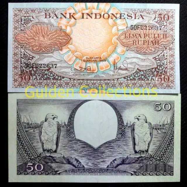 Uang Kuno Indonesia 50 Rupiah Seri Bunga 1959 UNC Variasi 2 Huruf
