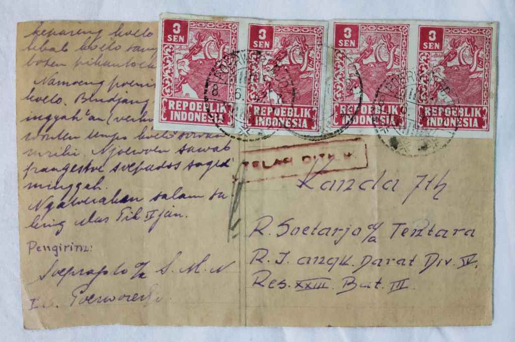 Kartu Pos Revolusi; Prowerejo 7-6-'47 , dengan 4 buah Perangko; 3 Sen Repoeblik Indonesia