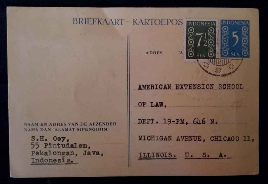 Kartu POs "BRIEFKAART - KAROESPOST; perangko NED INDIE 7,5 Sen dan 5 Sen ;  Pekalongan, 1 May 1950 (PSR 0016)