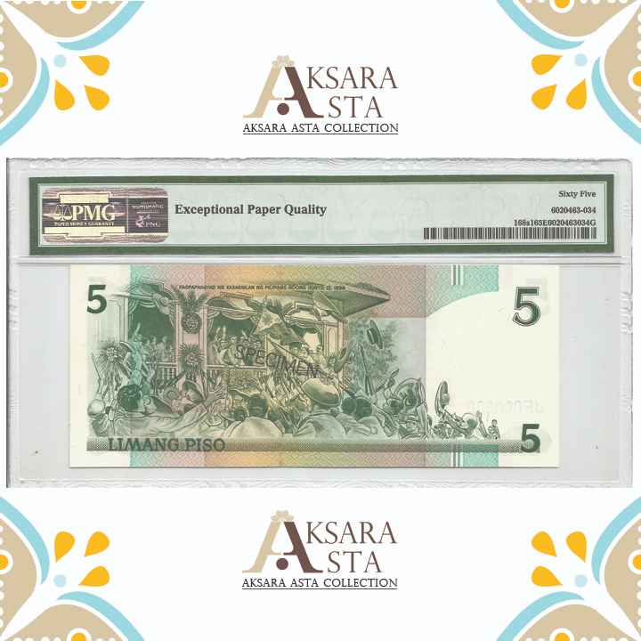 Uang Philippines 5 Peso th 1949 PMG 65 EPQ  Specimen