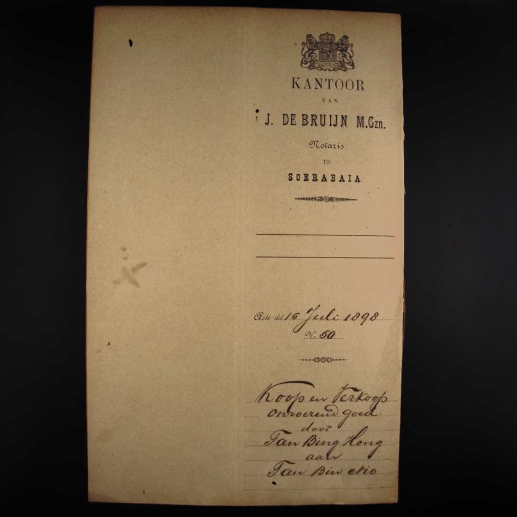 Koleksi Dokumen Tulis Tangan Akta Jual Beli Tanah Pemerintahan Hindia Belanda Wilayah Surabaya Tanggal 15 Juli 1898 No 50
