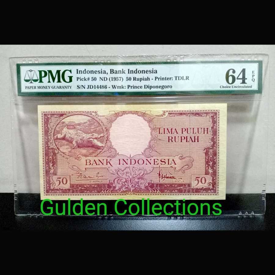 Pmg 64 epq 50 Rupiah Buaya 1957 UNC Uang Kuno