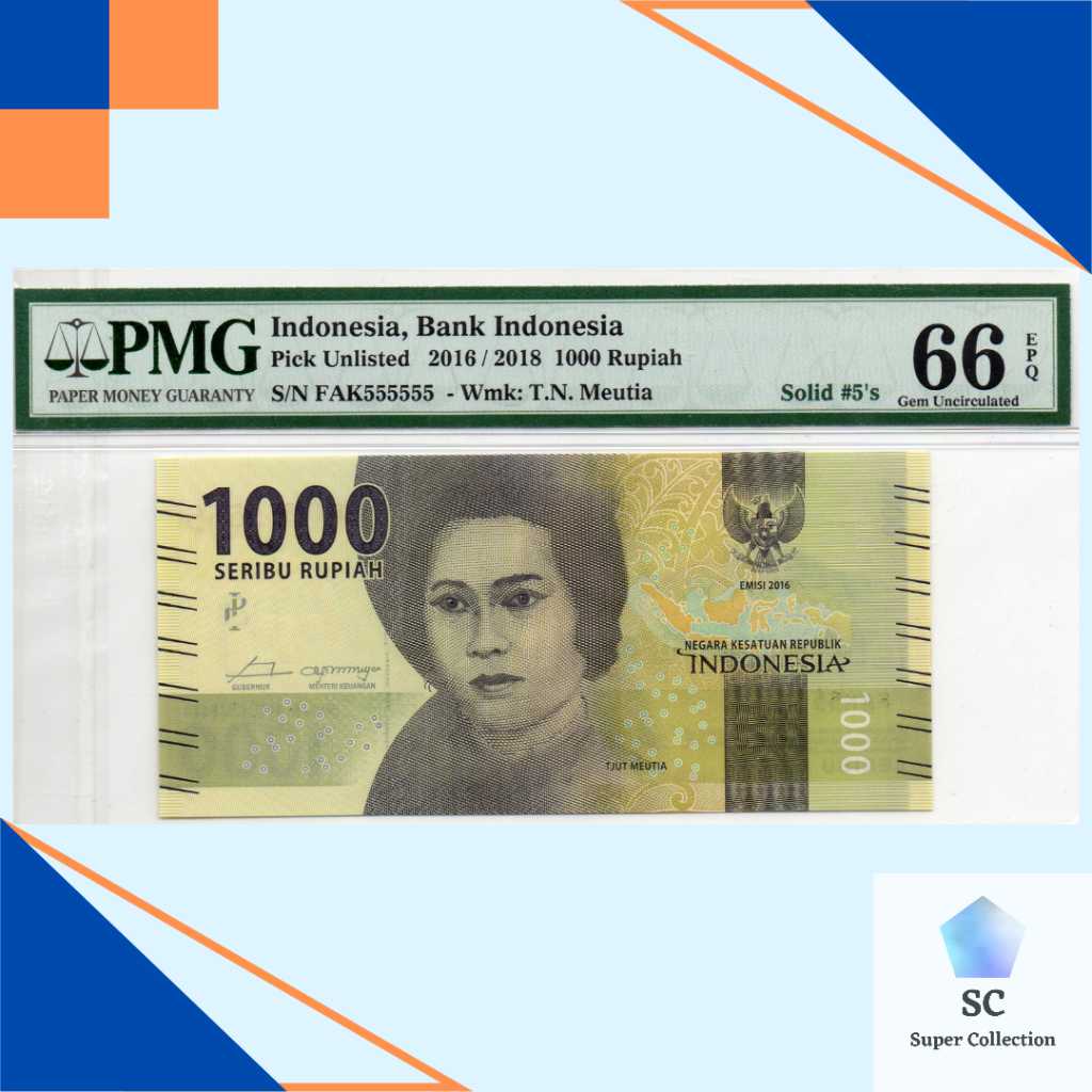 Uang Indonesia 1000 Rupiah Cut Meutia PMG 66 Solid #5's