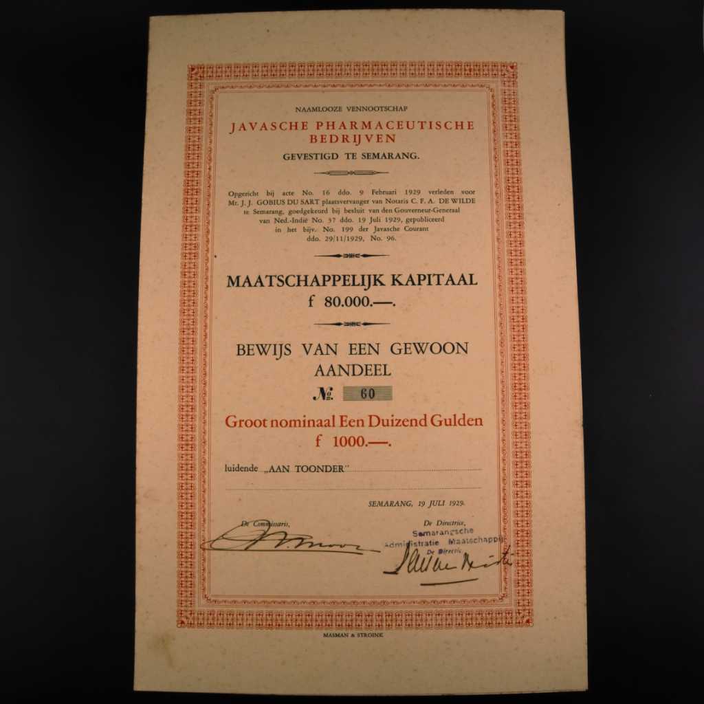 Koleksi Dokumen Saham Pemerintahan Hindia Belanda Perusahaan Javasche Pharmaceutische Bedrijven Diterbitkan Di Semarang 19 Juli 1929