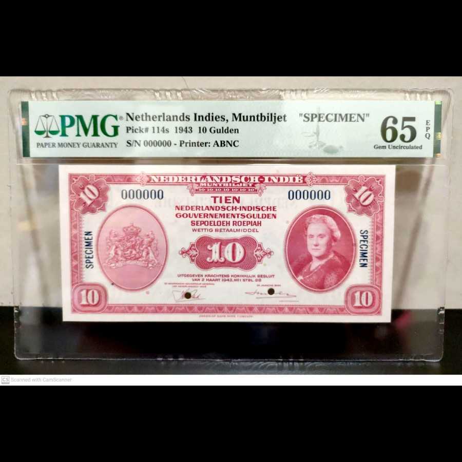 Nica 10 Gulden 1943 Specimen Netherlands Indies UNC PMG 65 EPQ
