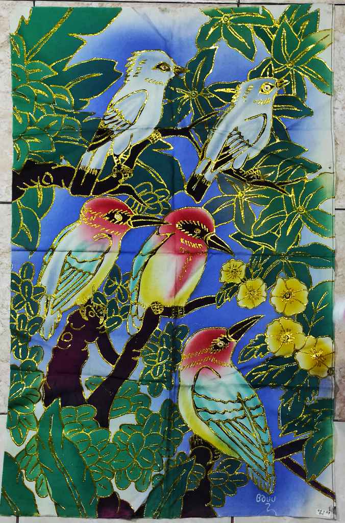 Lukisan Burung ada Prada dengan Pewarna Batik Bahan Kain Katun [B4]