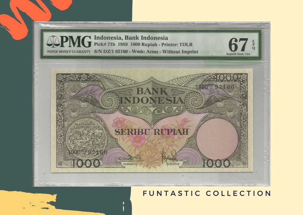 Uang Indonesia 1000 Rupiah Arms PMG 67