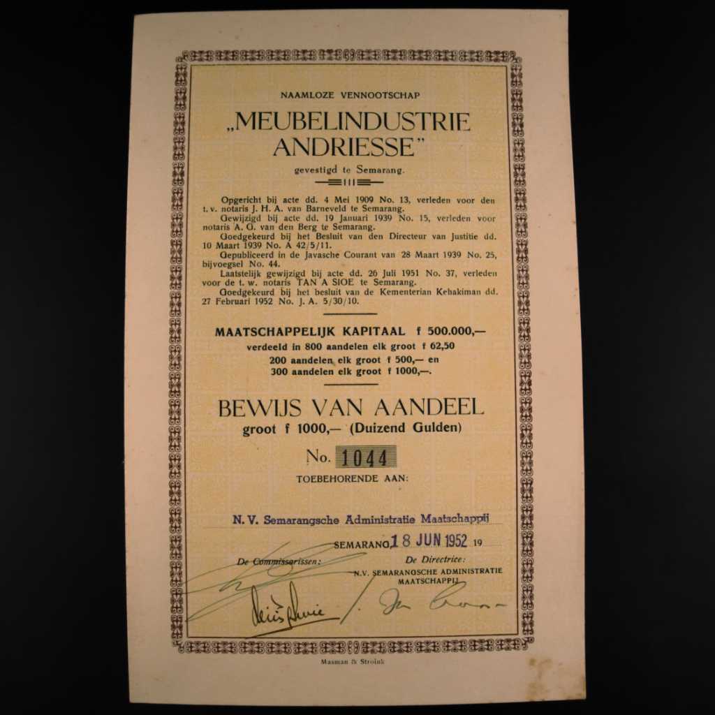 Koleksi Dokumen Saham Pemerintahan Hindia Belanda Perusahaan Meubel Industrie Andriesse Diterbitkan Di Semarang 18 Juni 1952