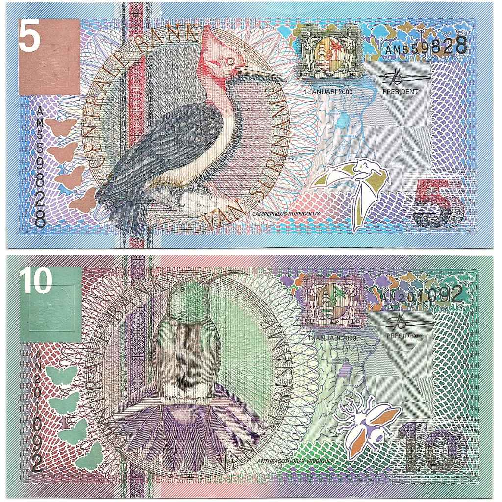 Uang Kuno Suriname 2000 5 & 10 Gulden (2 pcs)
