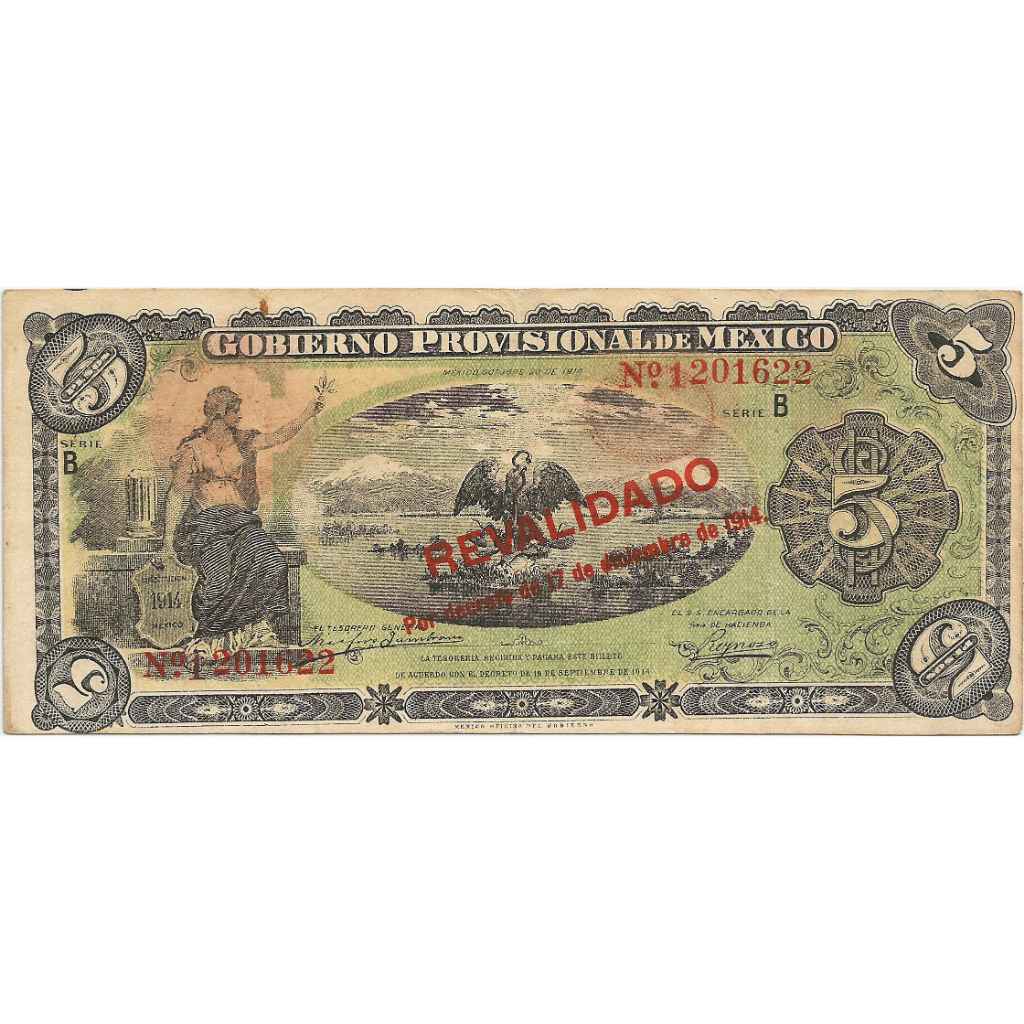 RARE Uang Kuno Mexico 1914 5 Pesos (Revalidado RARE)