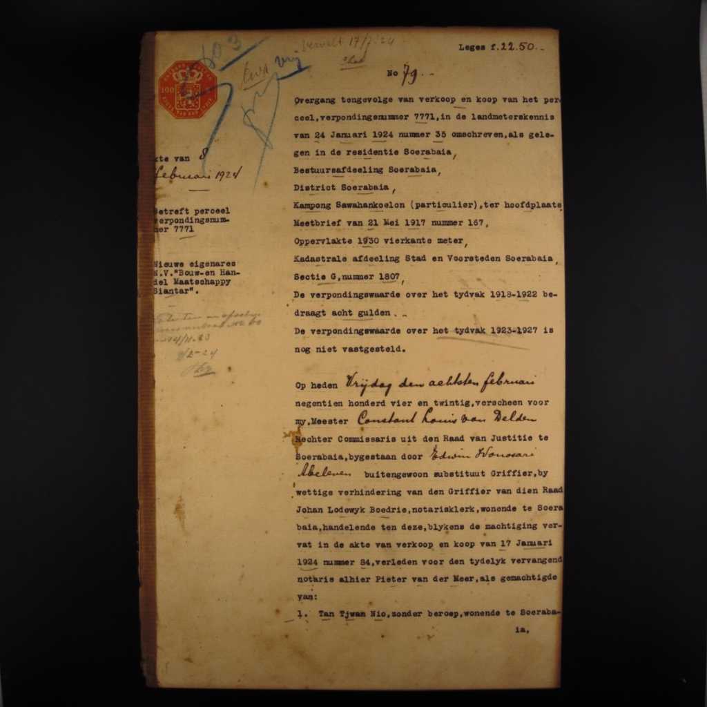 Koleksi Dokumen Pemerintahan Hindia Belanda Akta Jual Beli Tanah Kampung Bawahan Kulon Wilayah Surabaya Tanggal 24 Januari 1924 No 35