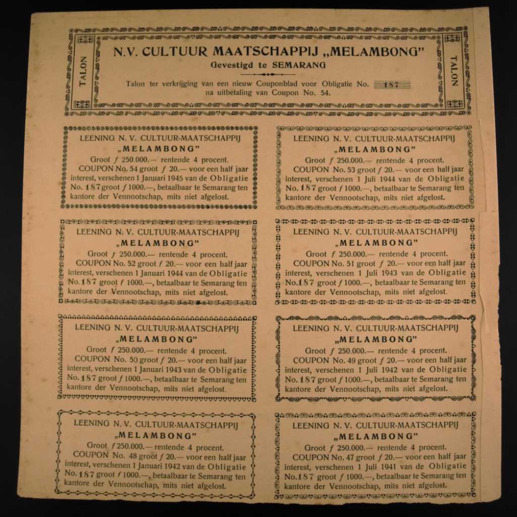 Koleksi Dokumen Saham Pemerintahan Hindia Belanda Perusahaan N.V Maatschappij Melambong Diterbitkan Di Semarang 1 Juli 1941