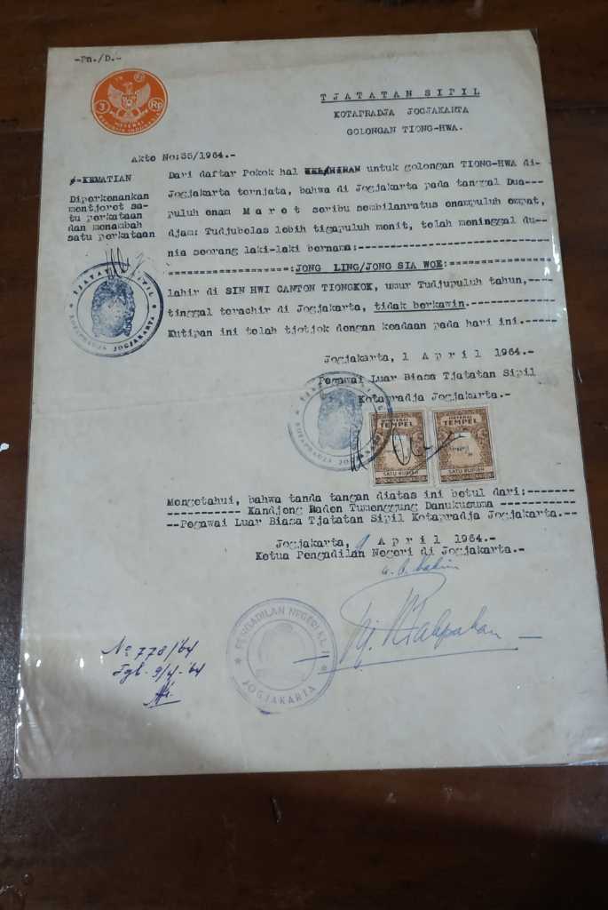 Akte kematian JONG LING/JONG SIA WOE