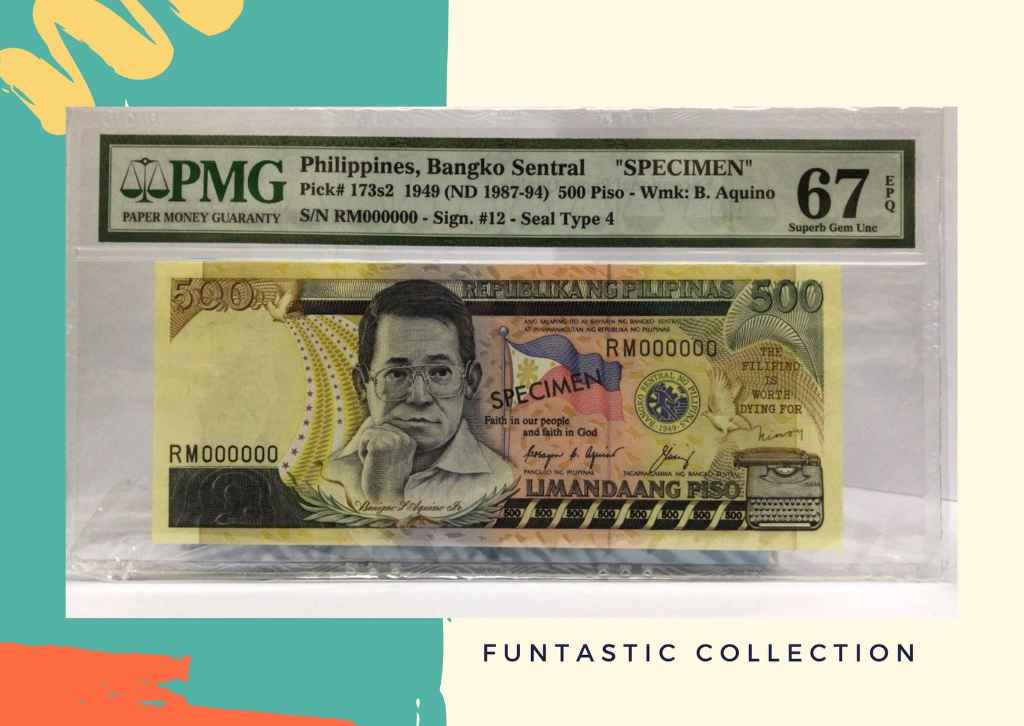 Uang Filipina 500 Piso Benigno Aquino Specimen PMG 67