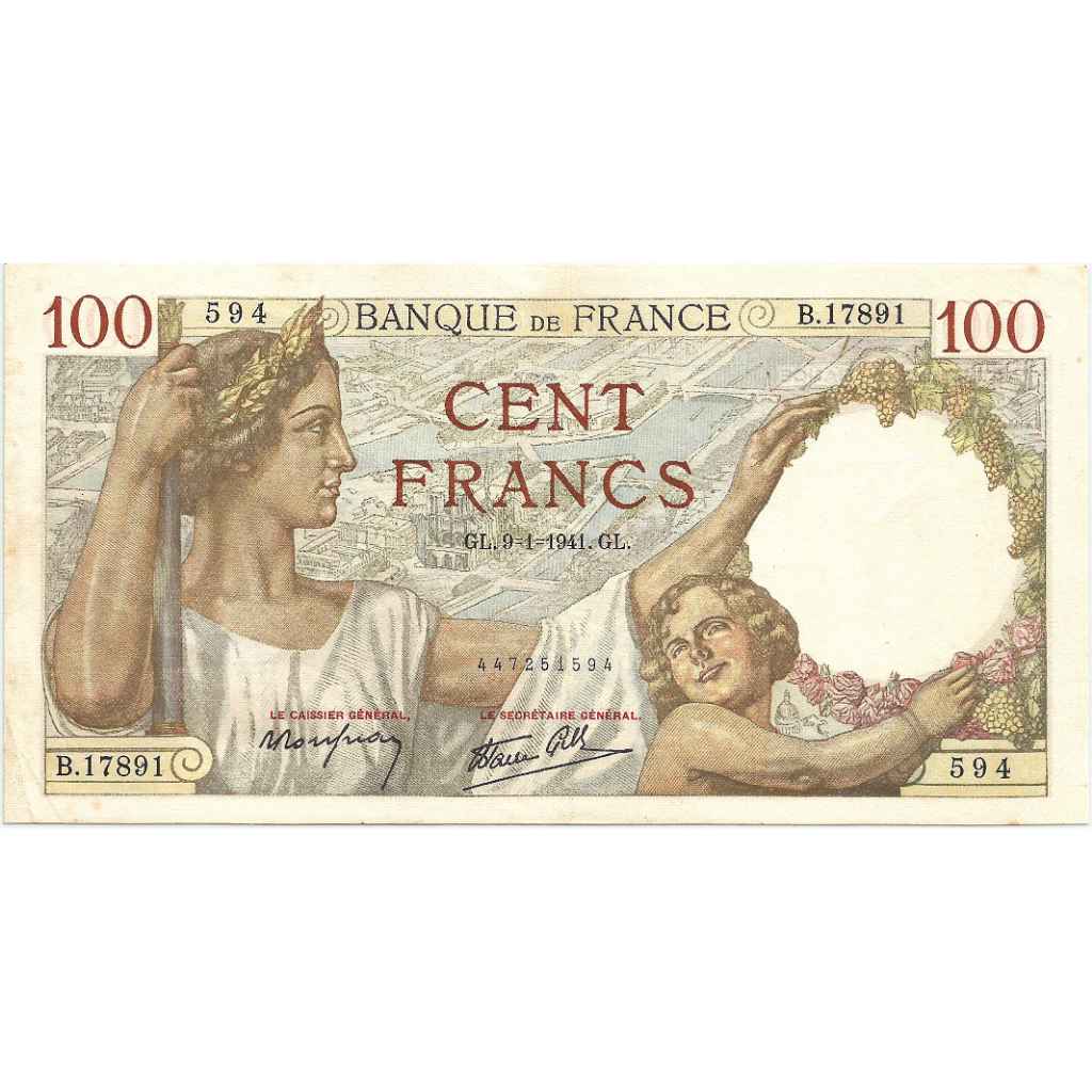 Uang Kuno France 1941 100 Francs (RARE Very Good Condition)