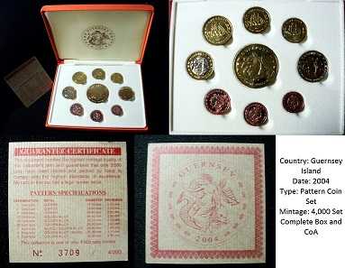 Guernsey 2004 1 Cent €5 Euro Proof Pattern Probe Essai Coin Set COA Card