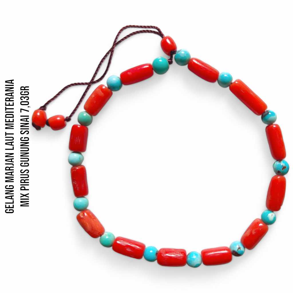 Gelang Marjan Corallium Rubrum Asli Laut Mediterania mix Pirus Turquoise Mesir Asli Gunung Sinai 7,03 Gram