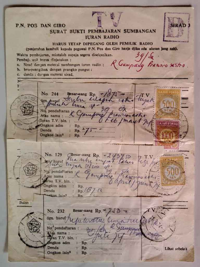 SURAT BUKTI PEMBAJARAN SUMBANGAN IURAN RADIO NO.39/Sr ; tahun 1974 ; bukti pembayaran 2 materai 500 sen dan 1 materai 1000 sen  (PR 0012)