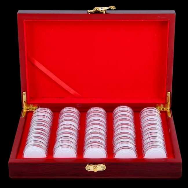 Box kayu merah 50 Kapsul koin bulat 30 mm busa 255 x 165 x 50 mm