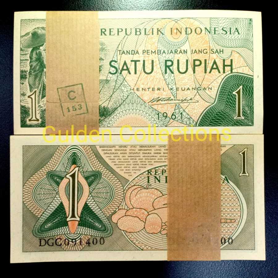 Uang Kuno 1 Rupiah 1961 Petani Hijau 1 Gepok 100 Lembar UNC