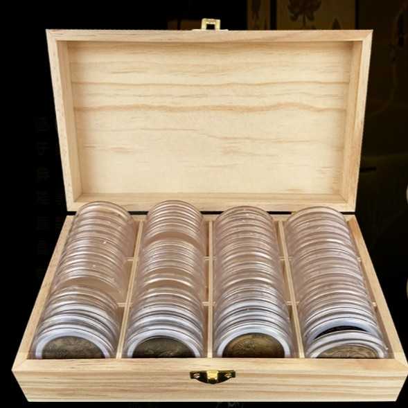 Box kayu 60 kapsul koin bulat busa 46mm transparan 238 x 120 x 65 mm
