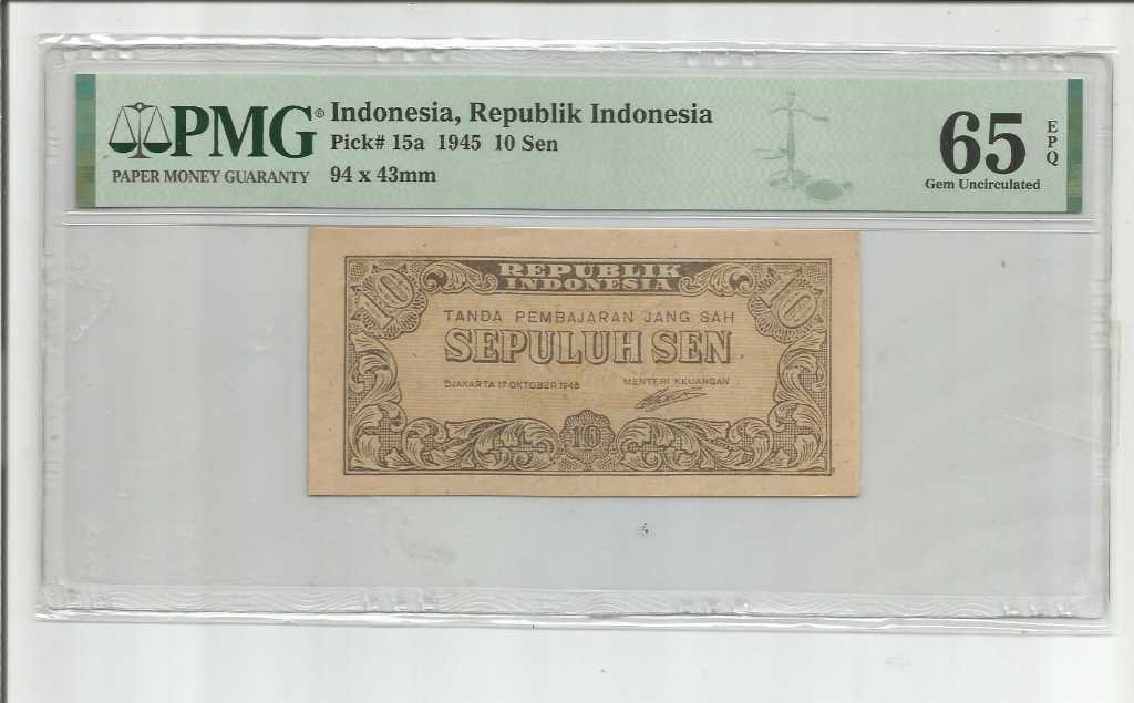 Uang Indonesia Rp. 10 Sen Thn. 1945 PMG 65 EPQ
