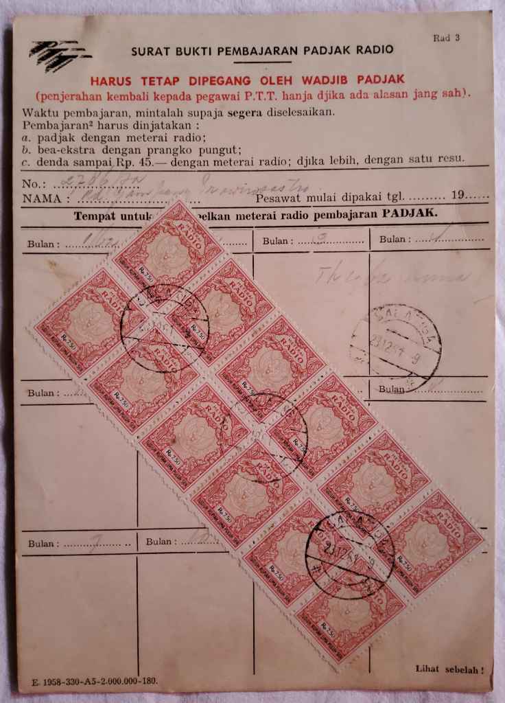 SURAT BUKTI PEMBAYARAN PADJAK RADIO NO.2786/zn ; tahun 1962 ; bukti pembayaran 12 buah materai Pajak Radio Rp. 7.5 (Tudjuh Rupiah Lima Puluh Sen)