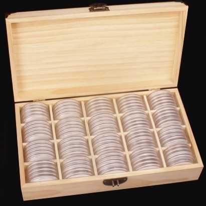 Box kayu 100 kapsul koin bulat busa bening 46mm 300 x 165 x 65 mm