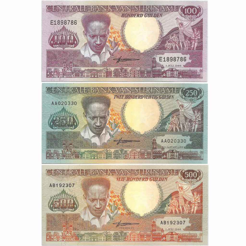 Uang Kuno Suriname 1986 & 1988 100, 250, 500 Gulden