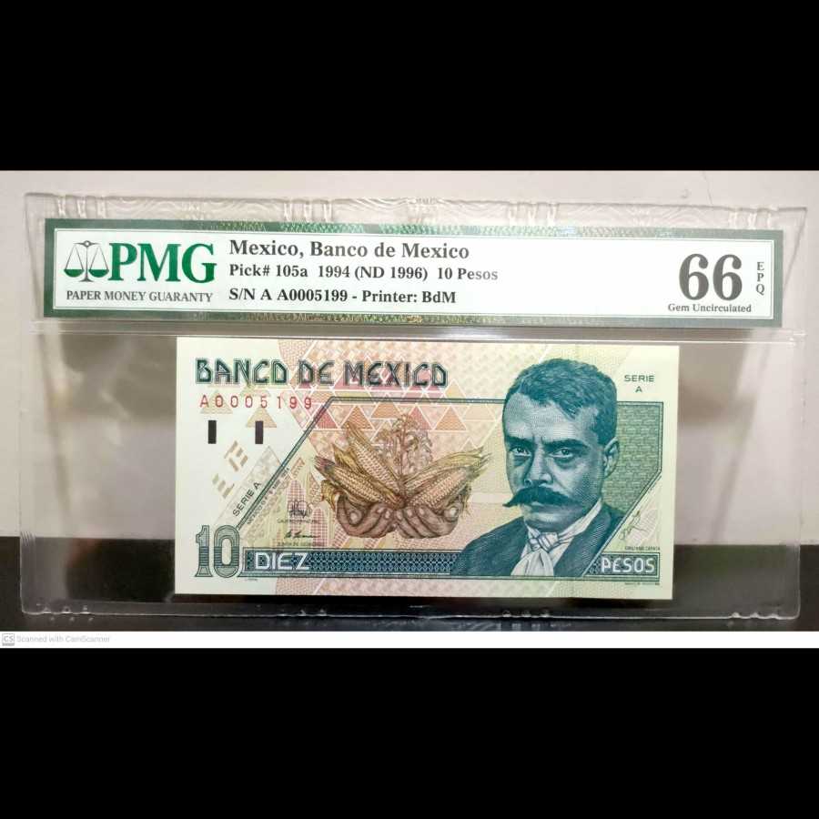Mexico 10 Pesos 1994 UNC PMG 66 EPQ Same Number With 20 Pesos