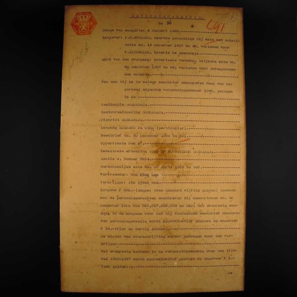 Koleksi Dokumen Akta Jual Beli Tanah Pemerintahan Hindia Belanda Kampung Kupang Pawiro Wilayah Surabaya Tanggal 18 Januari 1928 No 26