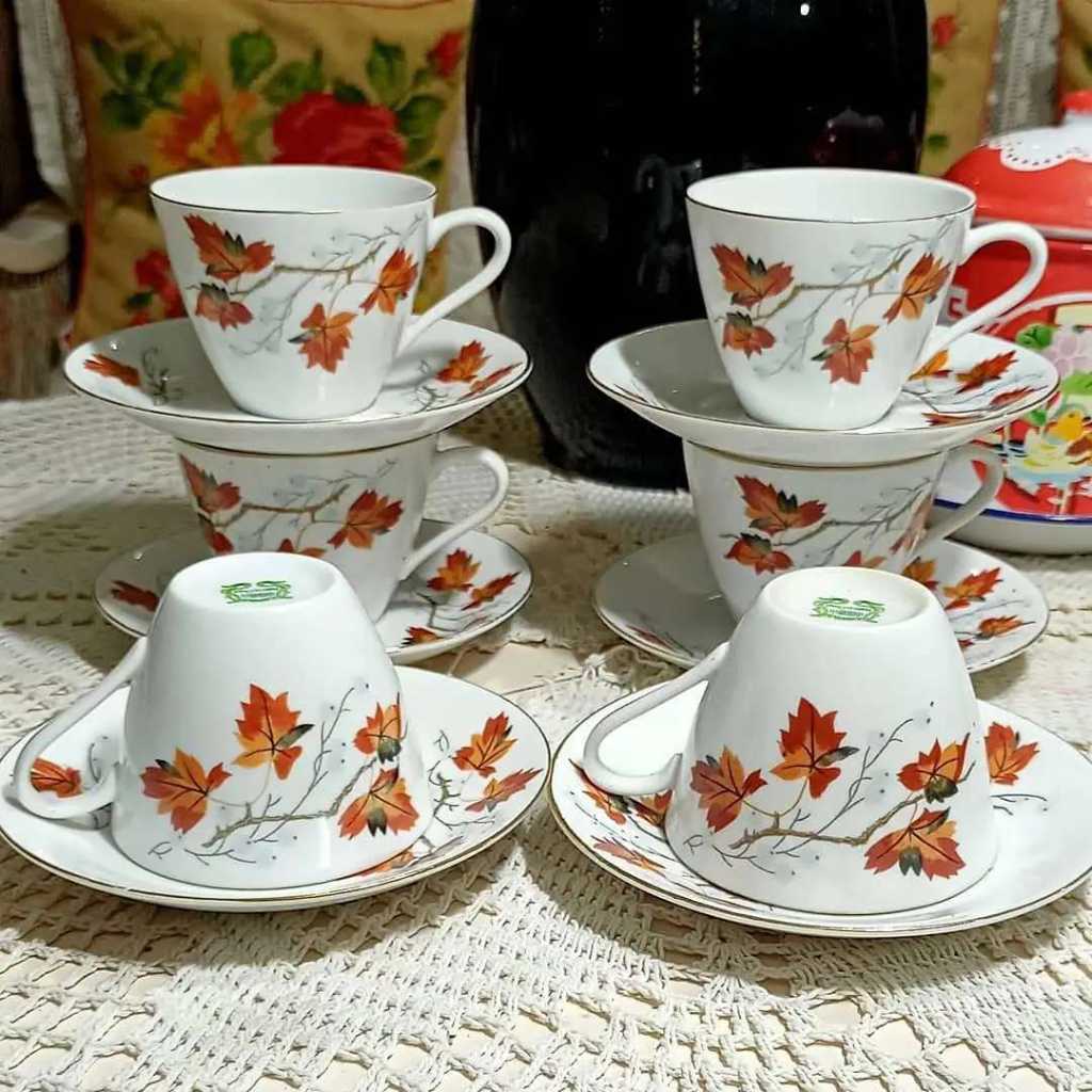 Cangkir lawas Motif daun dan Ranting kering, 6 pasang