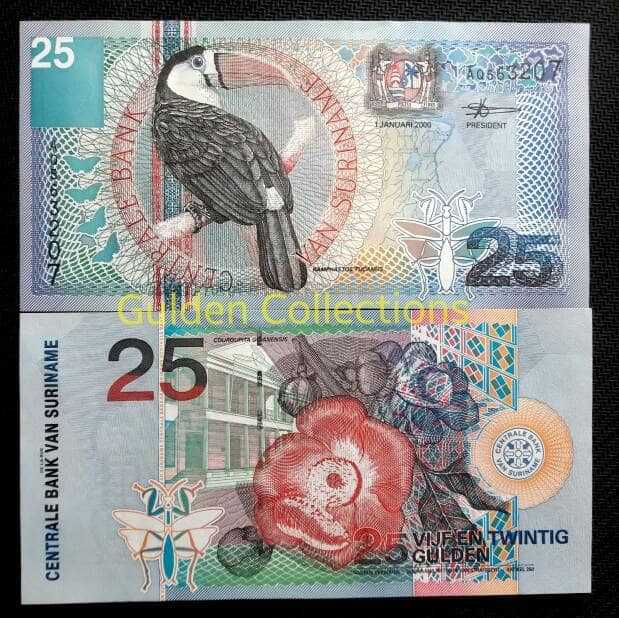 Uang Kuno Luar Negri 25 Gulden Suriname UNC Gress Tahun 2000