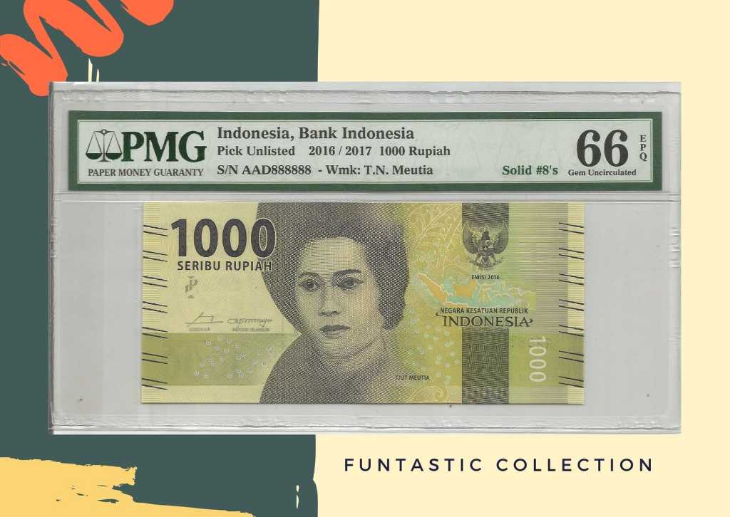Uang Indonesia 1000 Rupiah Cut Meutia PMG 66 Solid #8's