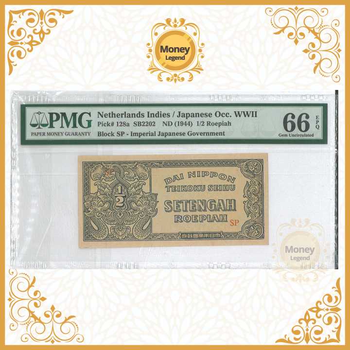Uang Netherland Indie Setengah Rupiah Dai Nippon TEIKOKU SEIHU PMG 66 "SB2202" GEM UNC 1944