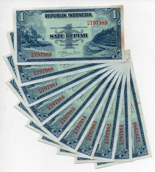 BL 1401 Indonesia 1 Rupiah Tahun 1951 10 Lembar Urut Sesuai gambar Xf AU AUNC Ada Flek