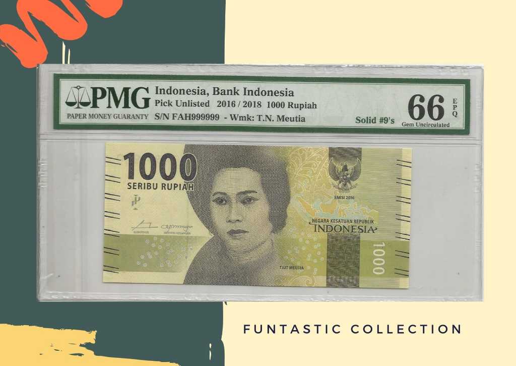 Uang Indonesia 1000 Rupiah Cut Meutia PMG 66 Solid #9's