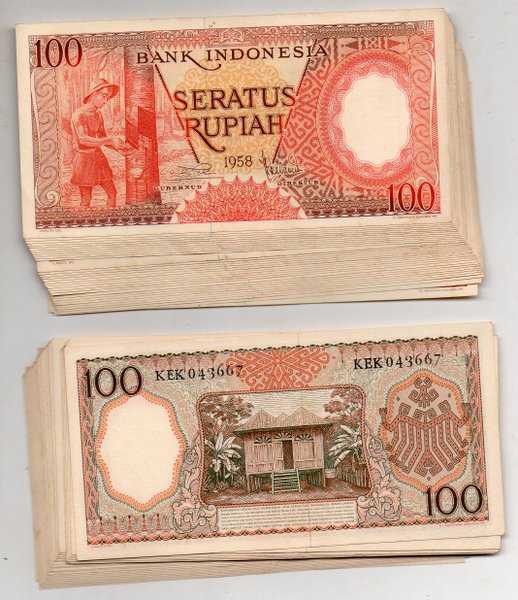 BL 1249 Indonesia 100 Rupiah tahun 1958 UNC Mulus Ada Flek kuning Per 1 Lembar