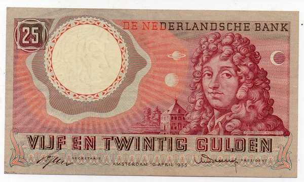 BL 1369 Nederlands - Belanda 25 Gulden Tahun 1955 VF Ada 2 Lobang kecil Kanan Atas Sesuai gamba