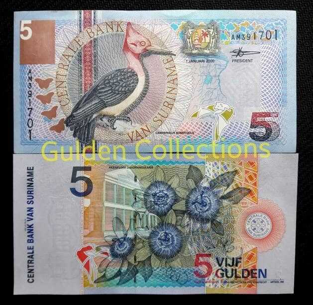 Uang Kuno Luar Negri 5 Gulden Suriname UNC Gress Numismatik tahun 2000