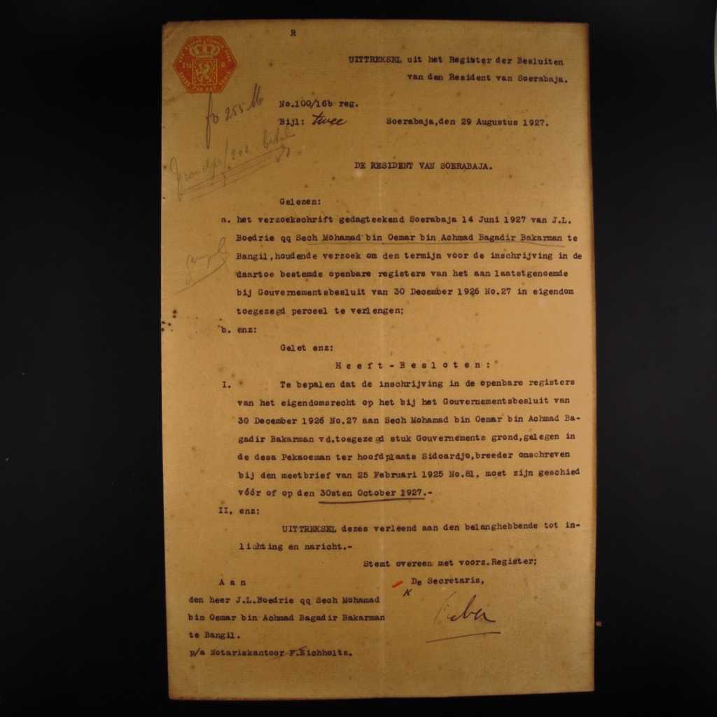 Koleksi Dokumen Akta Jual Beli Tanah Pemerintahan Hindia Belanda Kampung Pekoeman Wilayah Sidoarjo Tanggal 29 Agustus Tahun 1927 No 100